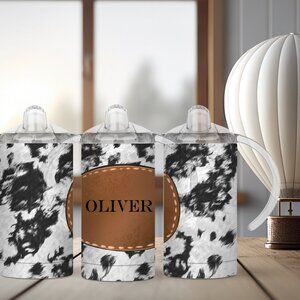 Customize Name Cowhide Sippy Cup with 2 Lids, Toddler Sippy Cup with Handle
